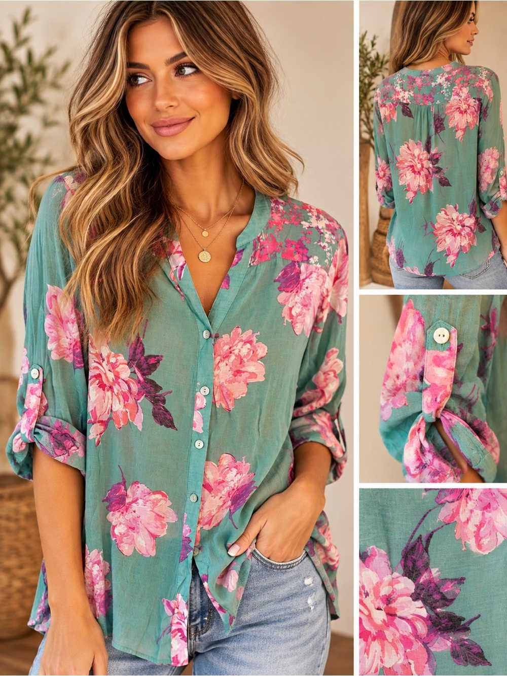 Figueroa & Flower Floral Button Down Blouse Size L